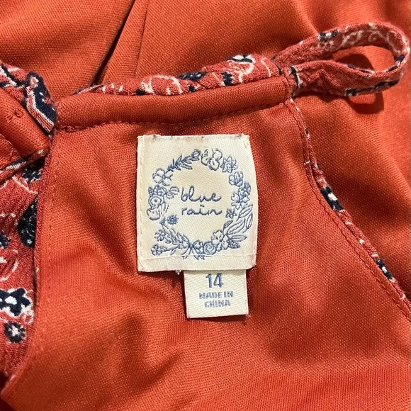 ☔️ Blue Rain Halter Dress~Juniors’ Sz 14~Red/Orange w/ Navy & White Boho Design - Picture 7 of 10